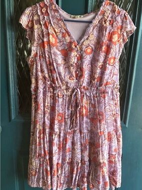 Women's Lavender Floral Midi Dress with Drawstring Waist